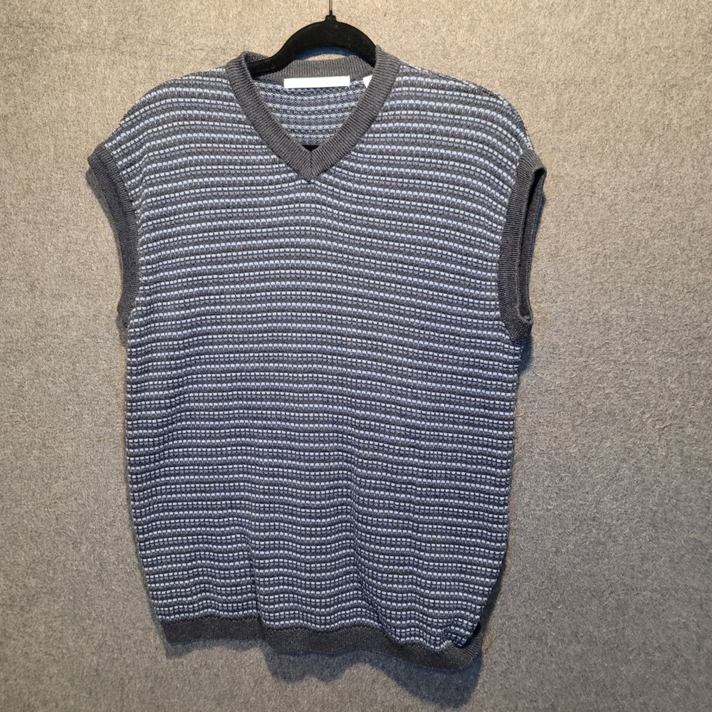 Perry Ellis Men's V-Neck Striped‎ Knit Vest Sweater Charcoal Blue Size L